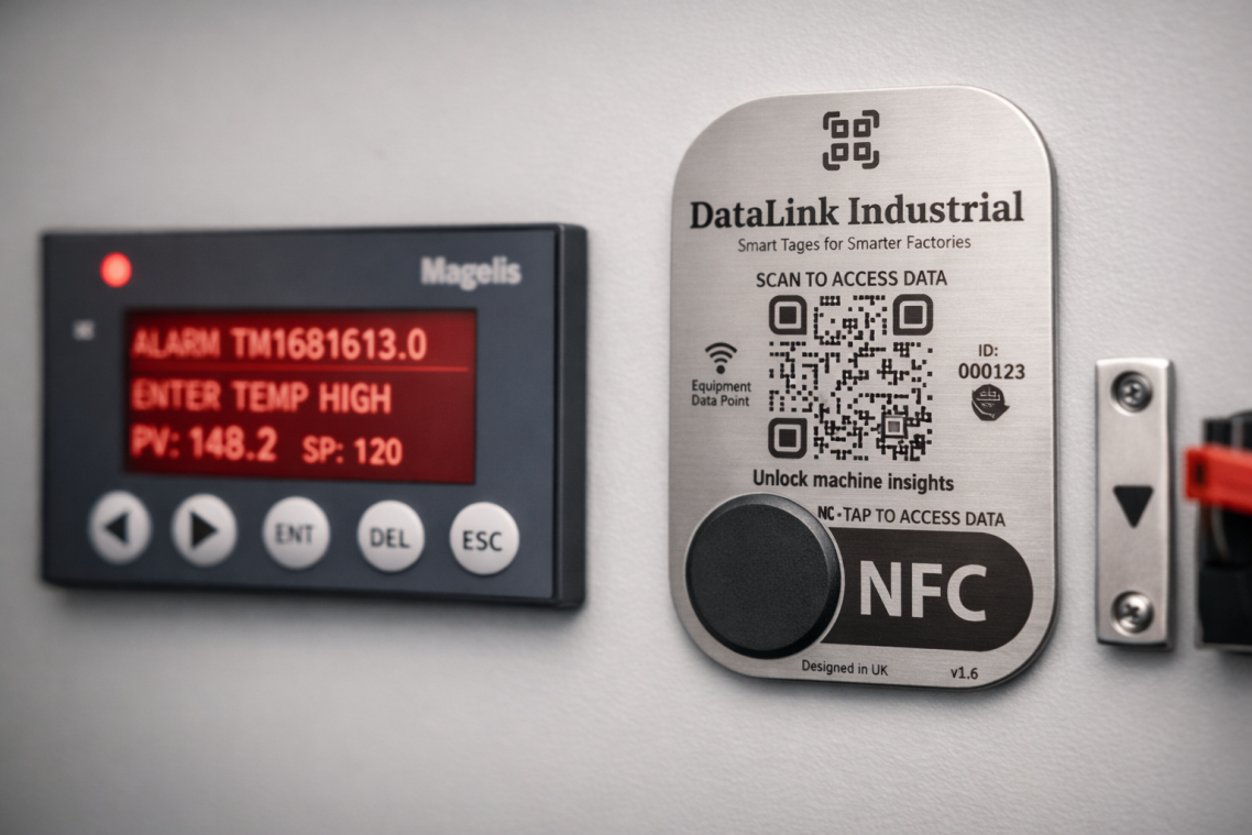 Control panel with display and industrial NFC tag featuring a QR code.